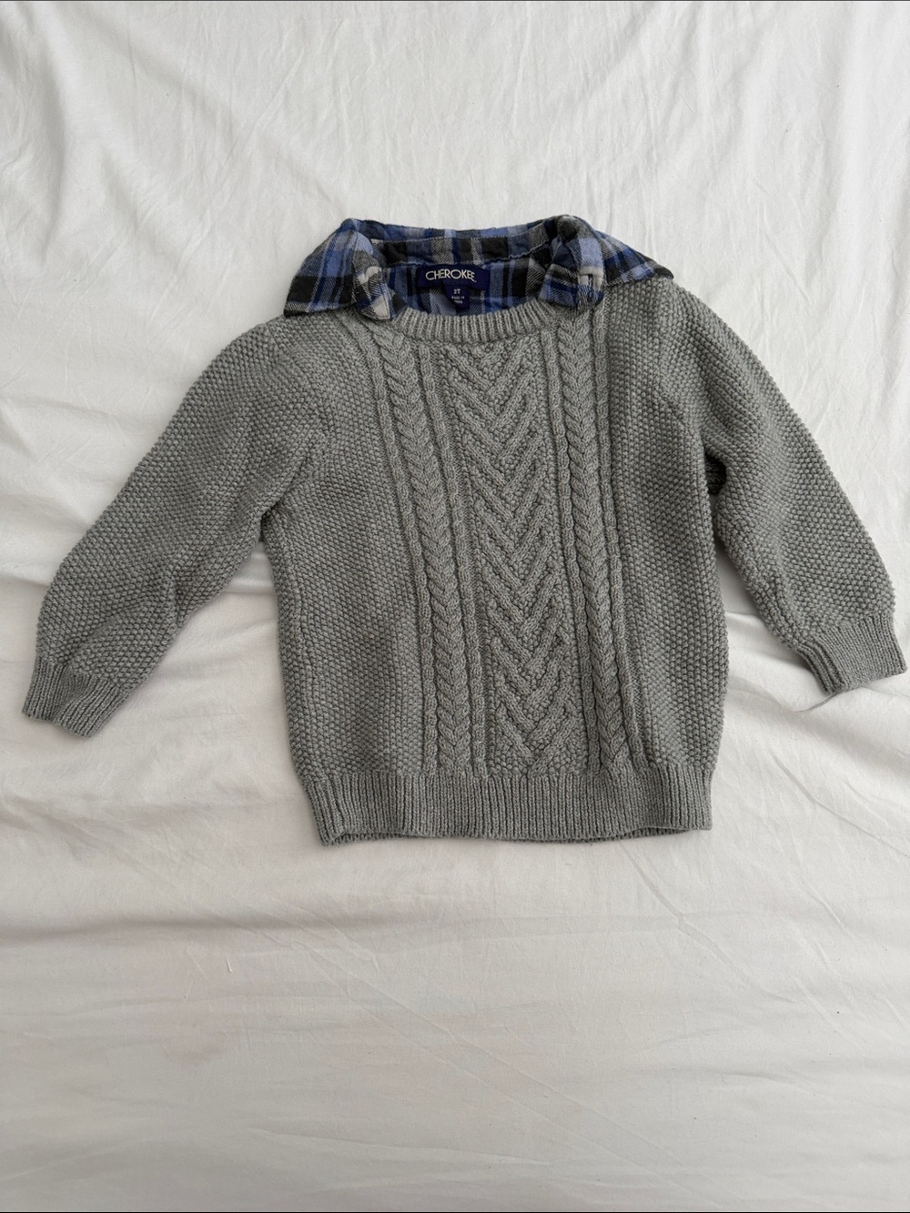 Cherokee Gray Cable Knit Sweater with Blue Plaid Mock Collar size 2T